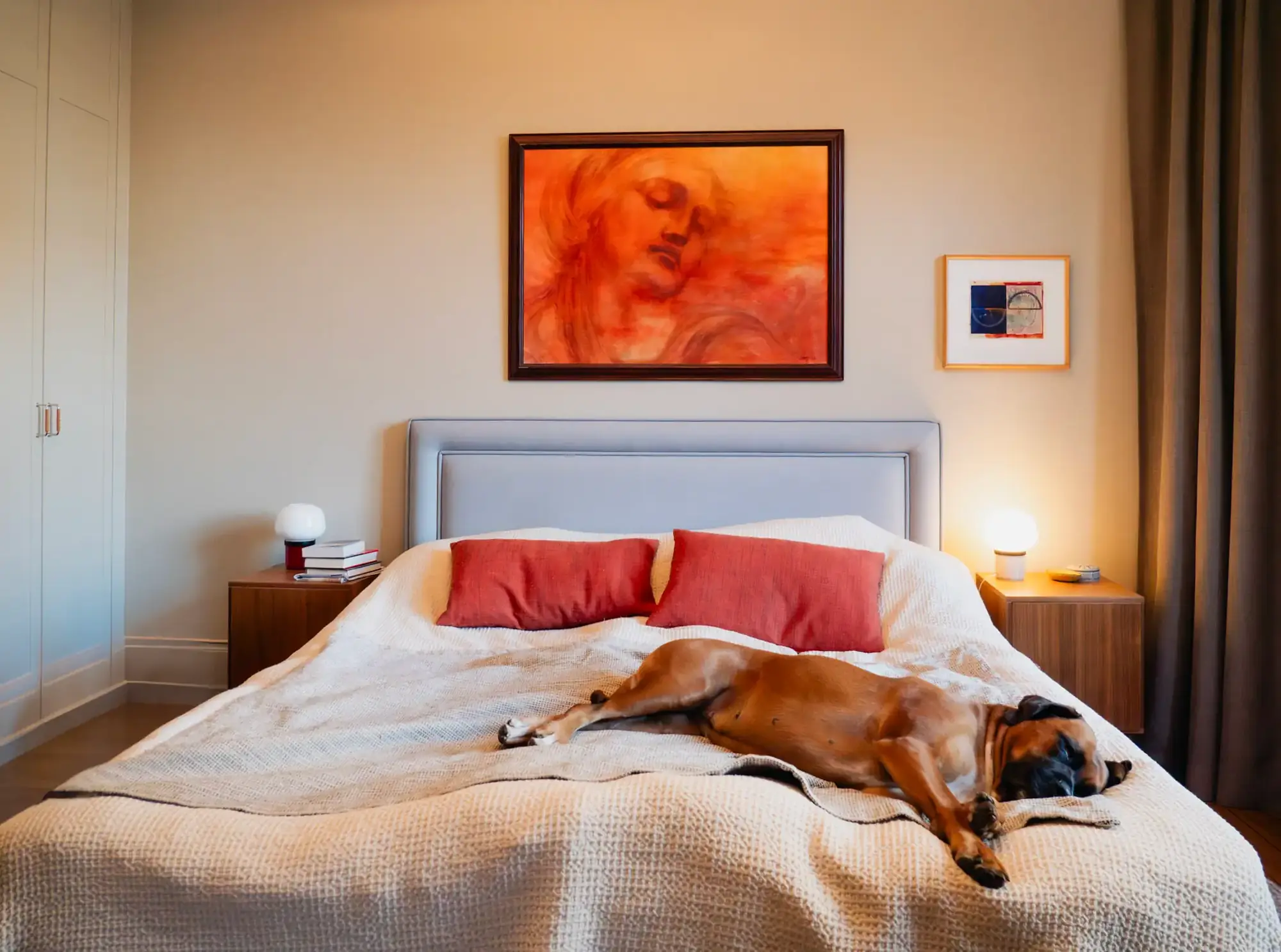 Sovrum med hund i säng